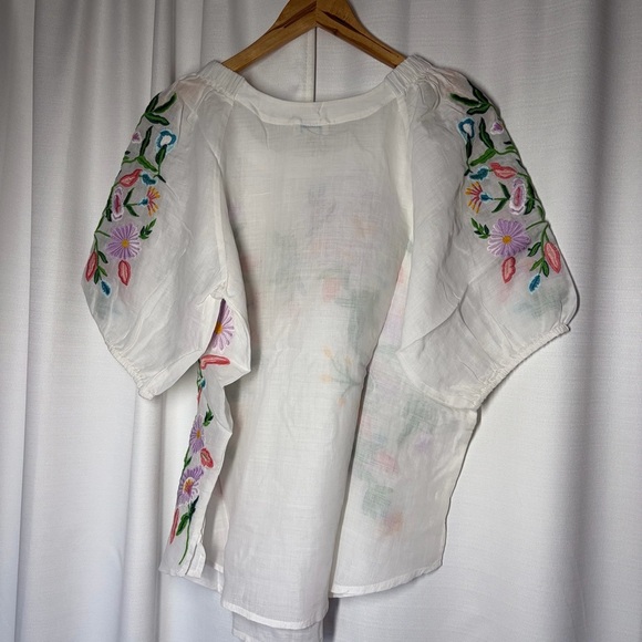 NWT Sundance White Embroidered Floral Blouse Vallejo Top M Boho Bright Peasant - Picture 7 of 10